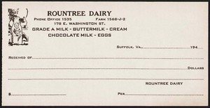 Vintage receipt ROUNTREE DAIRY milk bottle with girl and baby Suffolk Virginia