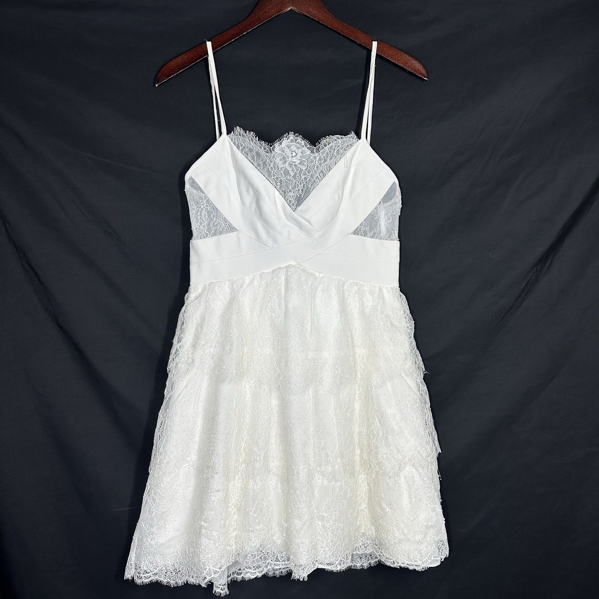 BCBG Josanna Gardenia lace mini dress tiered open-lace white medium Fairy Boho BCBG Josanna Gardenia lace mini dress tiered open-lace white medium Fairy Boho