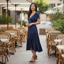 Lulus Women's Size M Medium Wrap Dress Dark Blue Short Sleeve Ruffle Night Out