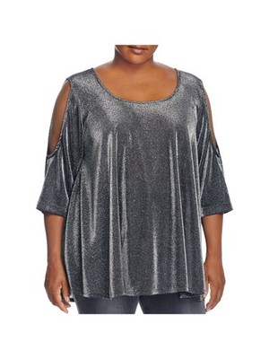 NALLY & MILLIE Womens Top Silver 3/4 Sleeve Scoop Neck Evening Semi-Plus 2X