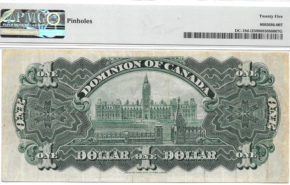1911 Dominion of Canada $1 One Dollar, DC-18d-i; PMG graded VF-25 - Image 2 of 2