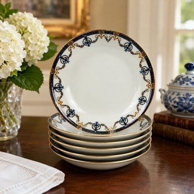 Antique JPL Jean Pouyat Limoges France Cobalt Gold Soup Bowls Set 6 7.5 