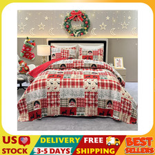 Christmas Quilt Set Queen Size 3-Piece Red Xmas Tree Snowflake Reindeer Cabin Pl
