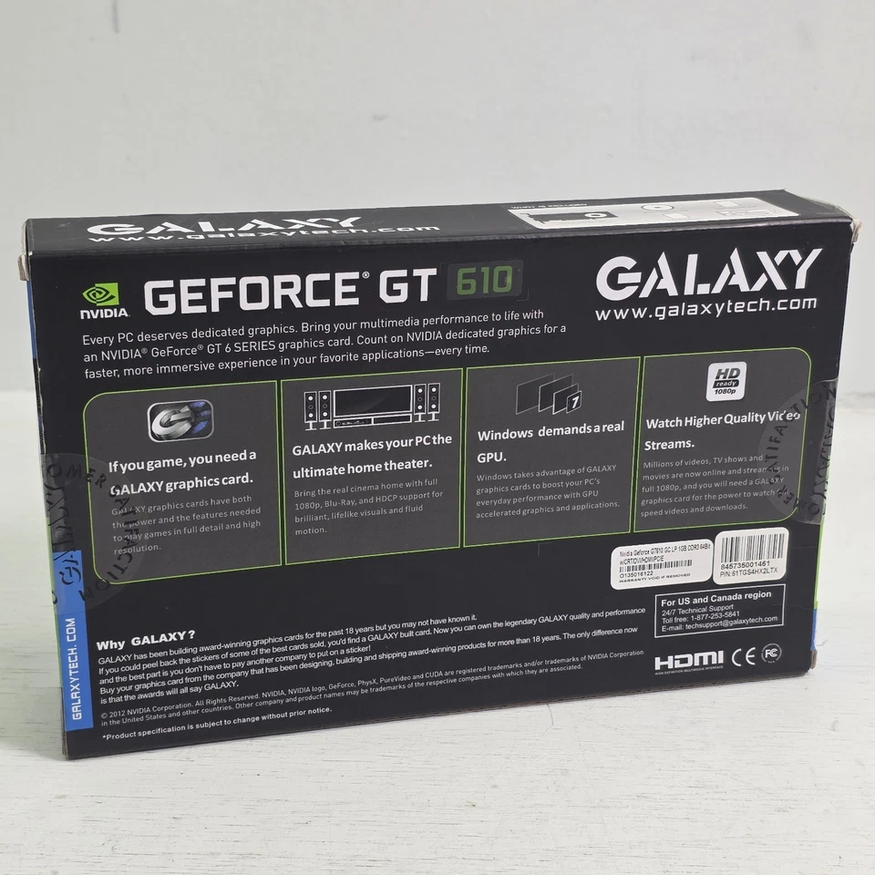 Galaxy NVIDIA GeForce GT 610 GC 1GB DDR3 PCIe Video Card 61TGS4HX2LTX Rare NOS - Image 2 of 4