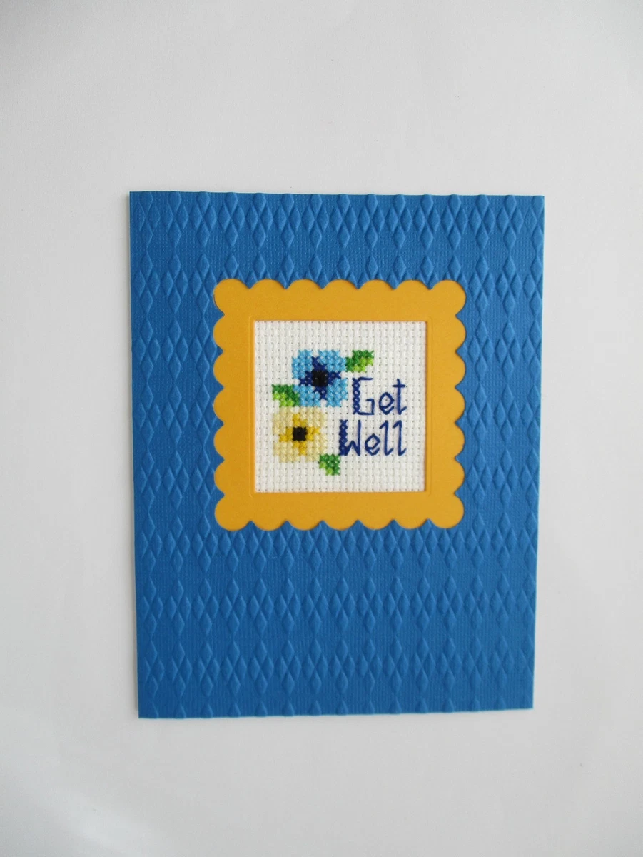 Handmade Greeting Card Cross Stitch Completed Finished Get Well