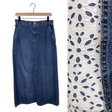 Vintage Ralph Lauren Cotton Denim Bias Skirt White Eyelet Slit Women's Size 6