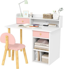 Kids Desk and Chair Set, Storage Hutch, Ages 3-8, Pink