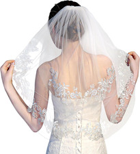 2 Tier Bride Bachelorette Veil Bridal Embroidered Veil with Comb Elbow Length...