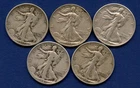 Lot of 5 Liberty Walking Half Dollars 1917 S, 1938, 1940, 1941 S, 1942 S