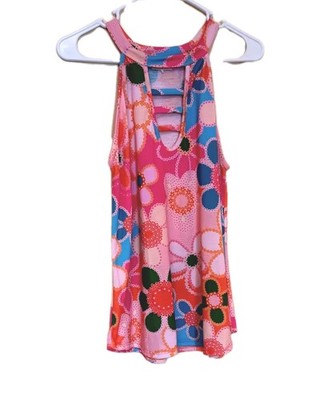 Bibi Women s Top Size L Fun Floral Retro Strappy Keyhole Sleeveless Racer Tank