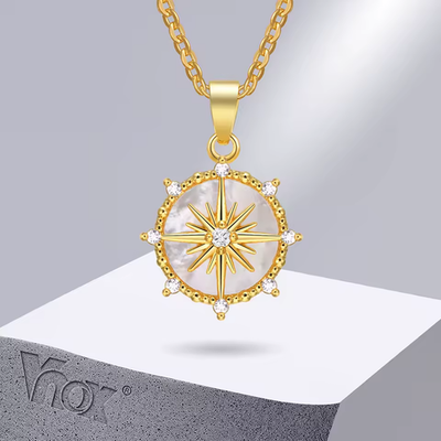#ad North Star Compass Pendant Necklace Gold Tone Cubic Zirconia Shell Inlay $23.99