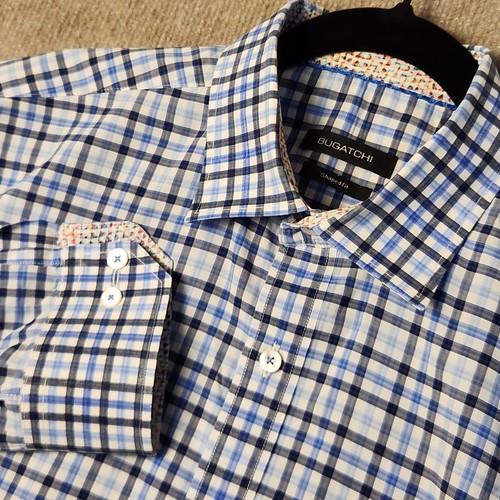 Bugatchi Shaped Fit Blue Plaid Long Sleeve Button Down Casual Dress Shirt