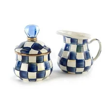 Mckenzie Childs Royal Check Blue Enamel Creamer & Sugar Set New in Box
