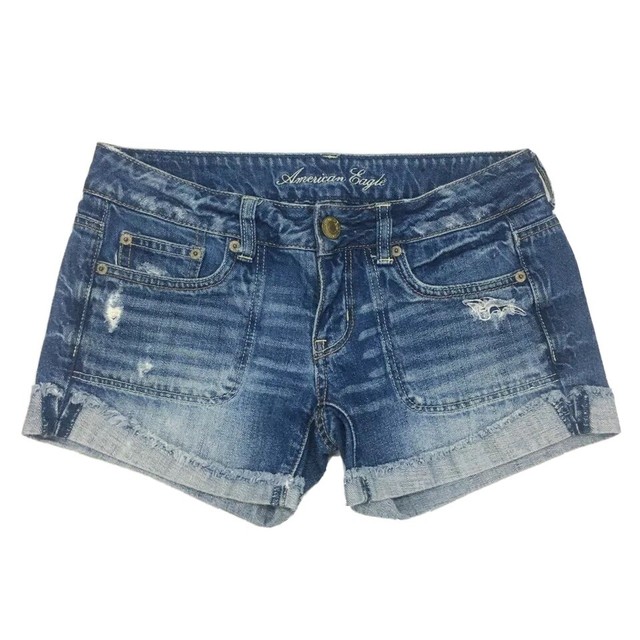 American Eagle Womens Jean Shorts Blue Medium Wash Distressed Cotton