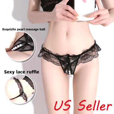Exotic Women Sexy Lingerie Panties Underwear See-through Lace Pearl Ball Thong