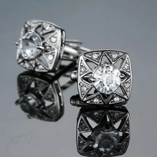 One Pair Eight Awn Star Hollow Rhinestone Cufflinks Square Crystal Cuff Links - Afbeelding 1 van 6