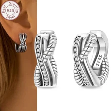 Sterling Silver Braided Small Hoop Huggie Earrings Thick Chunky For Men Women