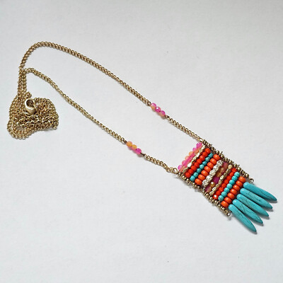 M. Haskell Long Necklace Gold Chain Coral Turquoise Beaded Spikes Necklace NWOT