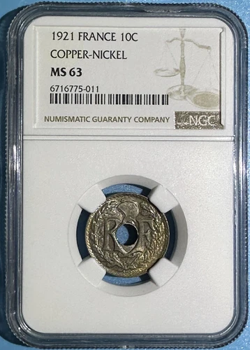 France 1921 Copper-Nickel 10 Centimes Rainbow Colored Coin NGC MS 63 Km# 866a