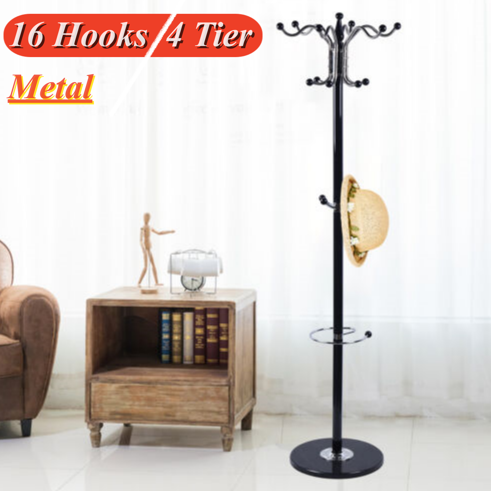 Metal Coat Rack Stand with 16 Hooks for Hats Bags Umbrellas Entryway Organizer