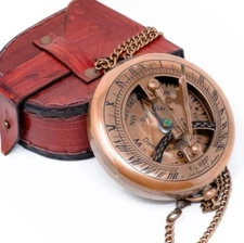 Antique Brass Sundial Compass With Leather Case Push Button Maritime Compass