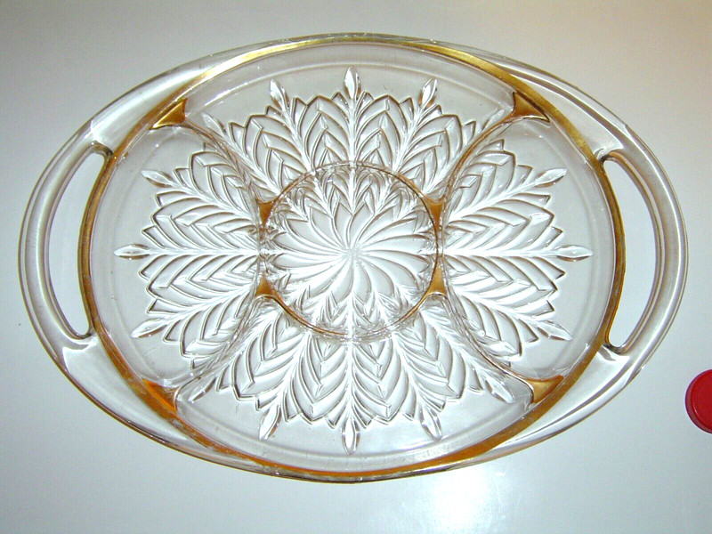 SERVING TRAY DIVIDED GOLD TRIM Heavy Glass platter SUNBURST Pattern VG+ to EXCEL