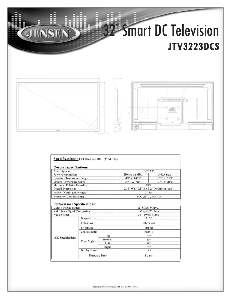 JENSEN 32" Smart TV 12V Marine Boat RV High-performance LCD JTV3223DCS - Image 4 of 4