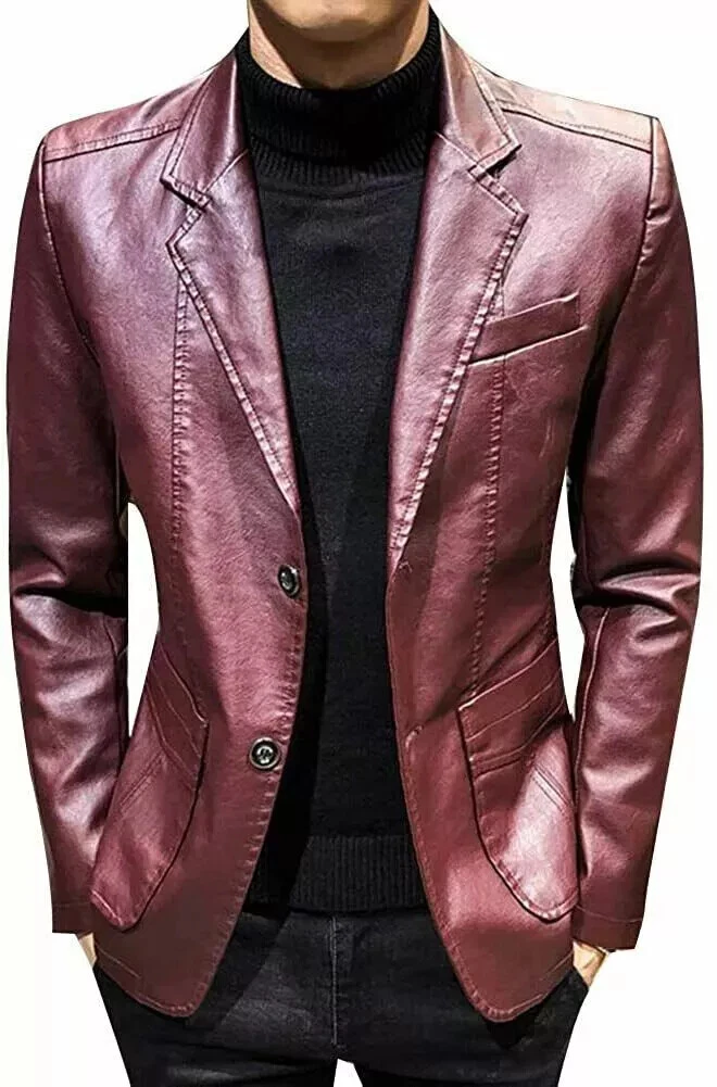 Men's Burgundy Leather Blazer 100% Pure Genuine Lambskin Slim Fit Coat Blazer