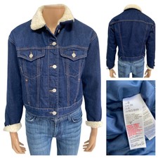 Topshop Dark Blue Denim Borg / Teddy Collar And Cuffs Jacket Size 8 Uk