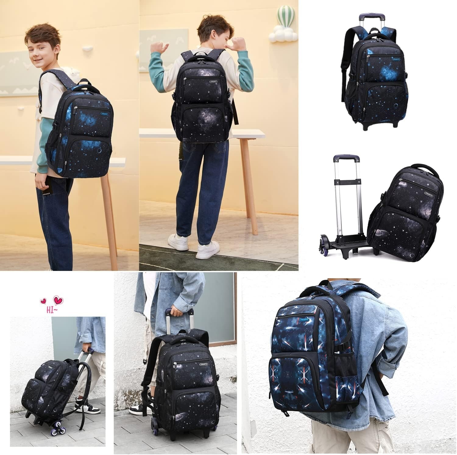 Durable Galaxy Print Rolling Backpack Set with Lunch Bag - Boys on Wheels