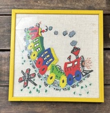 Vtg Framed Picture Train Cabooses Stitched Hand Crafted Tracks Railroad Crossing