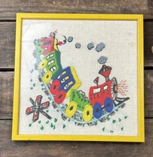 Vtg Framed Picture Train Cabooses Stitched Hand Crafted Tracks Railroad Crossing