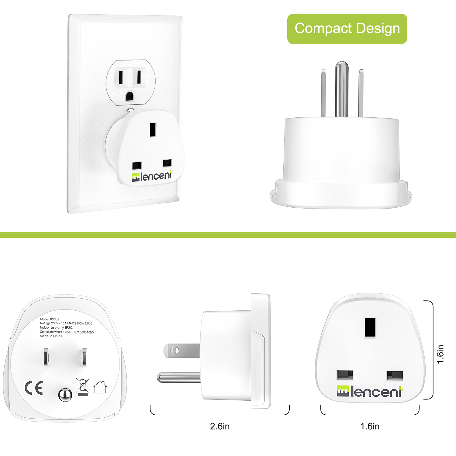 2 Pack LENCENT US Travel Plug Adapter for UK to USA America Outlet