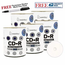 500 Smartbuy CD-R 52X 700MB White Inkjet Printable Disc + Black Permanent Marker