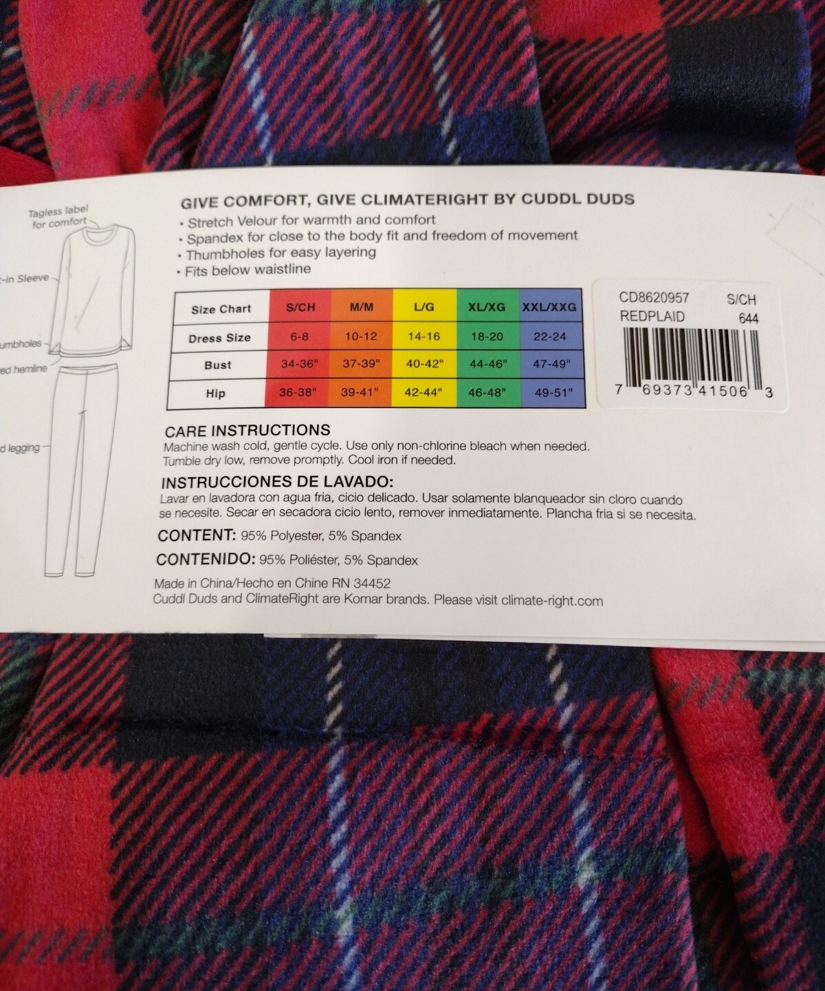 Climate Right Cuddl Duds Crew Neck Legging Red Plaid Stretch Velour