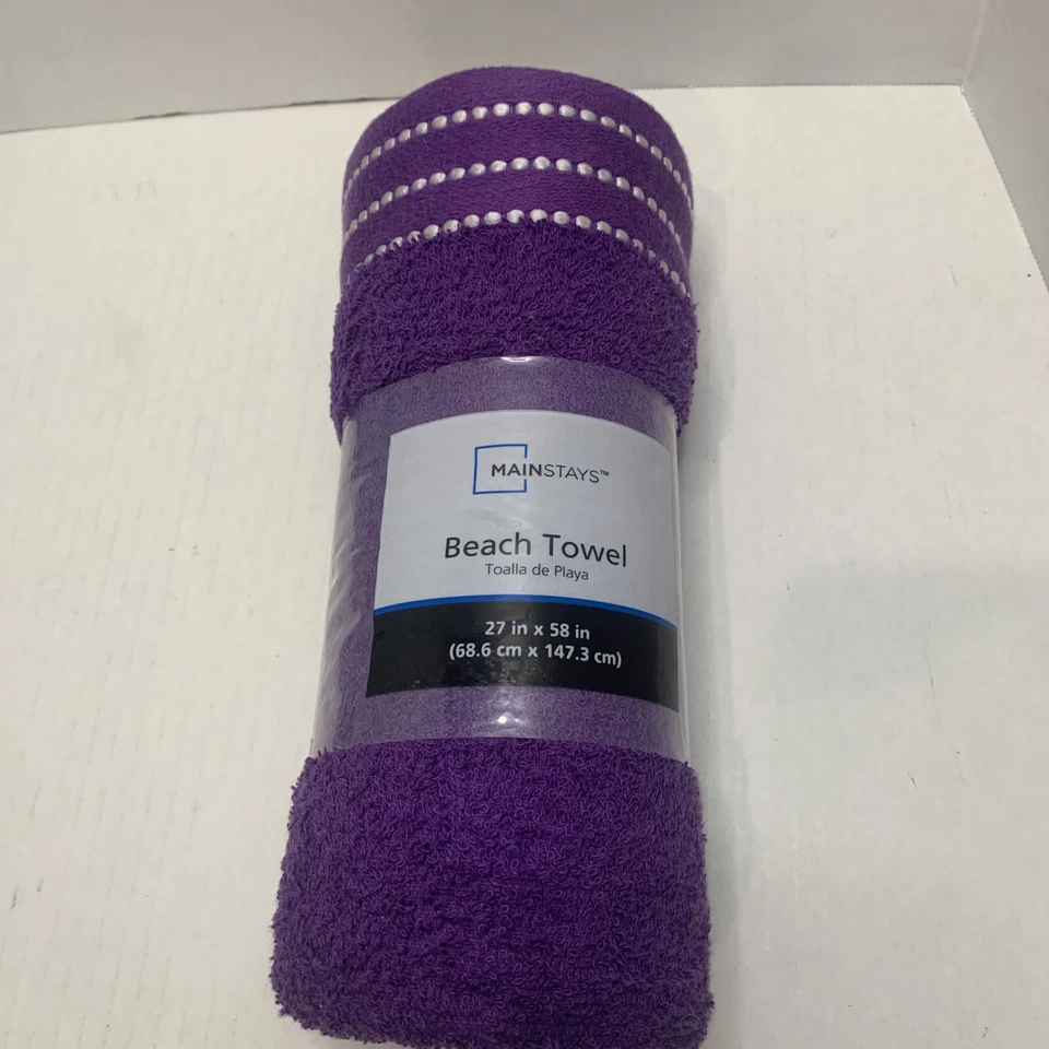 Toalla de playa Mainstays 27 x 58 pulgadas 100 % algodón absorbente duradera. Púrpura. Foto 3 de 3