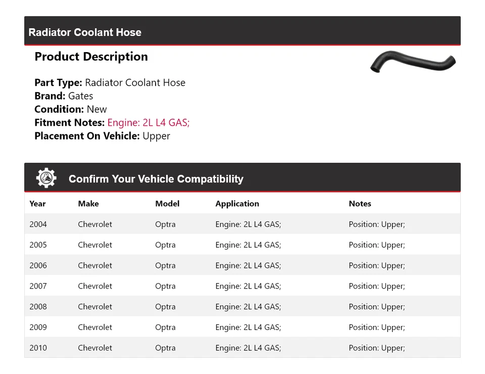 Manguera de refrigerante de radiador de gas para Chevrolet Optra 2004-2010 2L L4 puertas superiores 2005 Foto 2 de 4