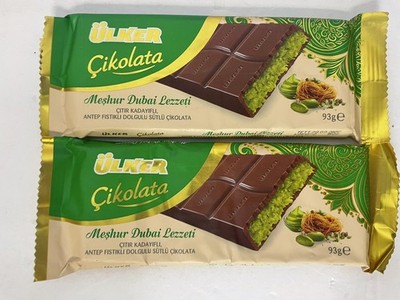 2x Ulker Dubai Pistachio Bar 93g Pistachio Filled Milk Chocolate Crispy Kataif