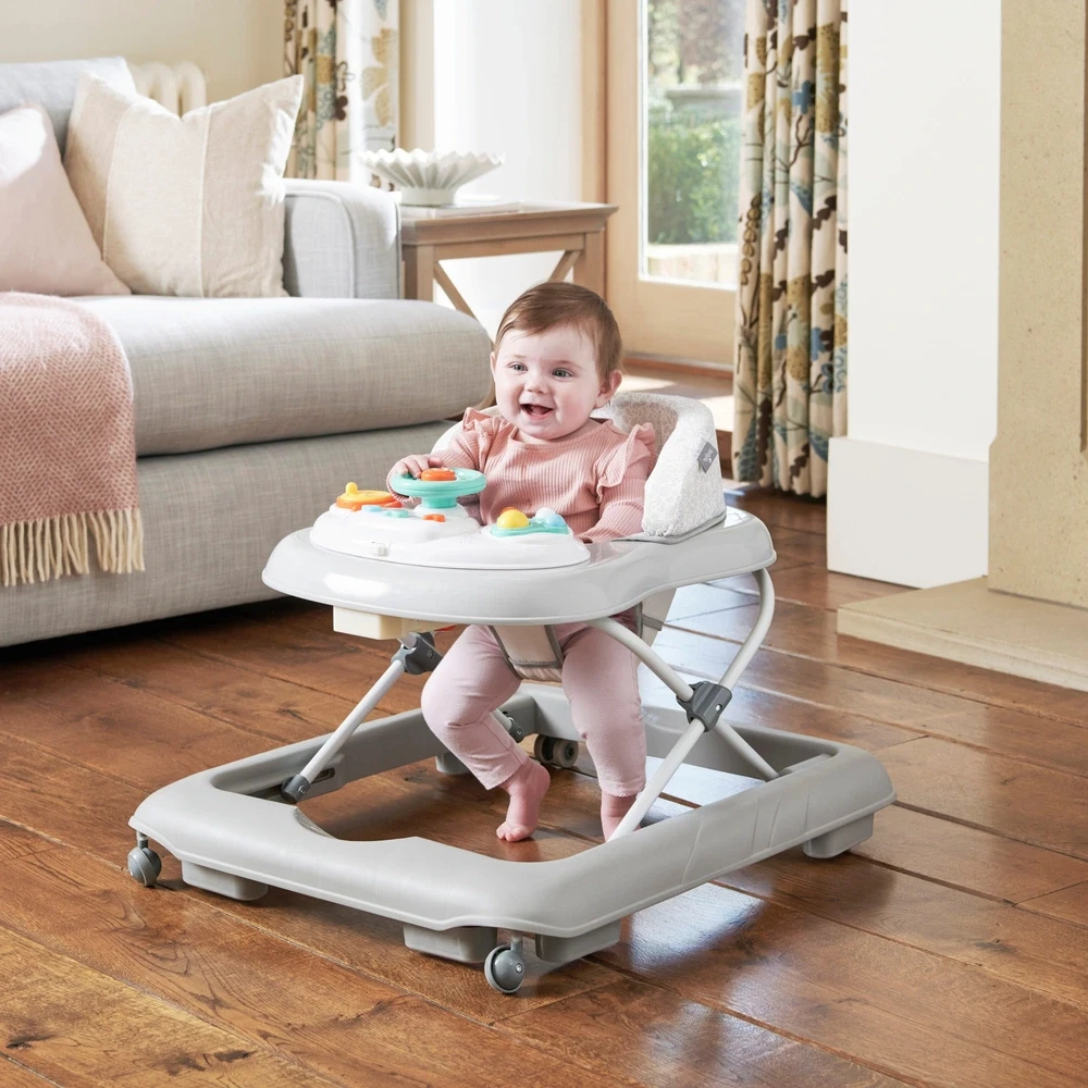 Babylo Baby Walker with Activity Play Tray & Adjustable Height - Grey & White