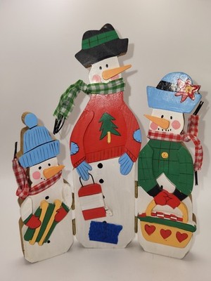 Vintage-Rustic Style 3 Panel Wood Snowmen Folding Screen