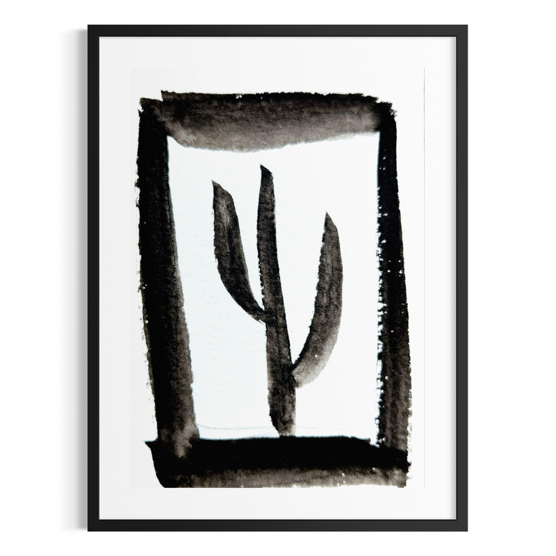 ACEO Original Abstract Cactus 2.5x3.5 Painting Black White Minimalist Watercolor