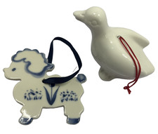 Vintage Dept 56 Ceramic Duck Goose Christmas Ornament & Porcelain Poodle