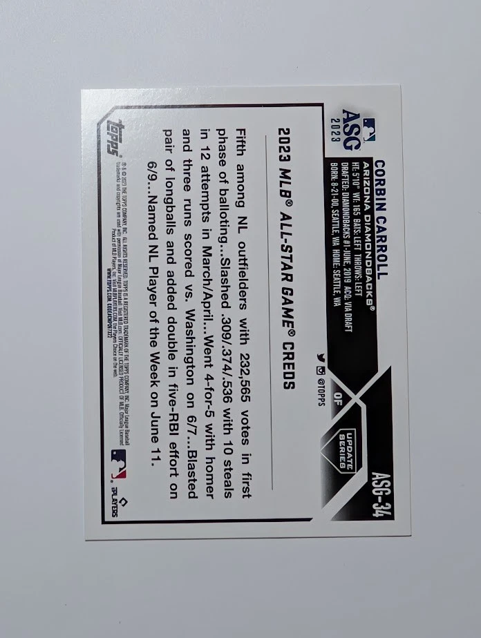 2023 TOPPS UPDATE ALL-STAR GAME #ASG-34 CORBIN CARROLL RC - Image 2 of 2
