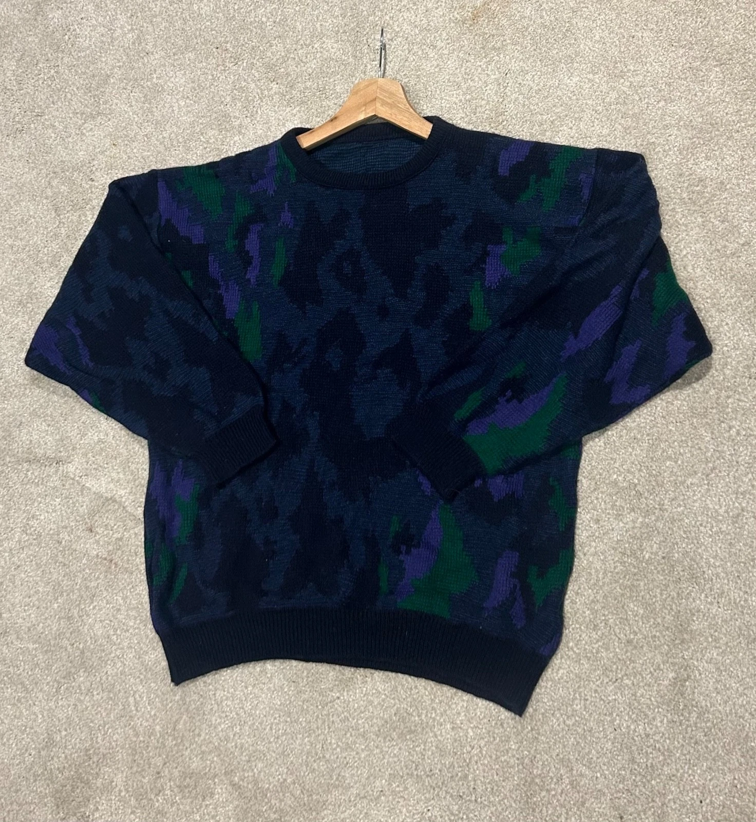 Vintage Knit Jumper Abstract Navy Green Purple Wool Blend retro crewneck sweater