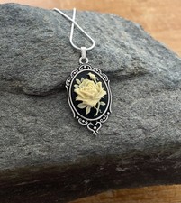 Rose Ivory/Cream on Black Cameo Necklace, Vintage Pendant, Sterling Silver Chain