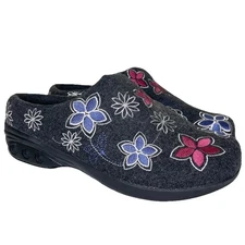 THERAFIT Women's Angela Gray Floral Embroidered Wool Clogs Comfort 9.5 Mules