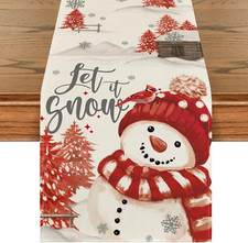 Xmas Trees Let It Snow Red Snowman Christmas Table Runner, Seasonal Winter Holid