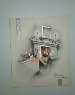 Vtg Christmas Card Home Interior Fire Aglow Mantel Candles Silver Trim 1930's 40