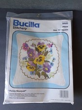 Vintage Bucilla Pansy Bouquet Floral Crewel Pillow Kit 49652 Stamped Sealed New
