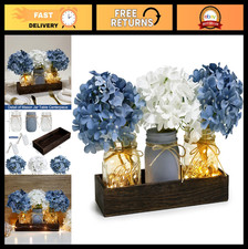 Farmhouse Mason Jar Centerpiece Decor with Fairy Lights  Fake Flowers - 11" Blu